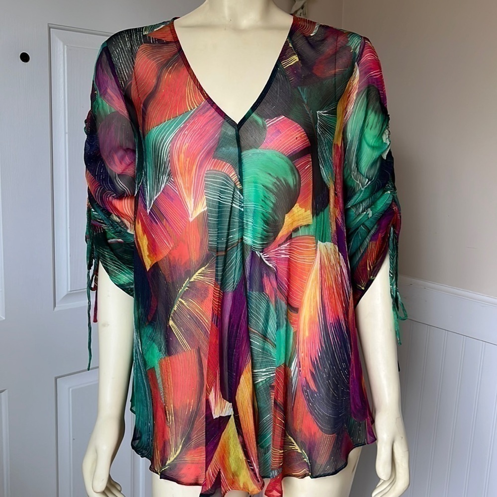 Pinko Celia Viscose Chiffon Bright Multicolored Leaf Print V Neck Sheer Blouse 8